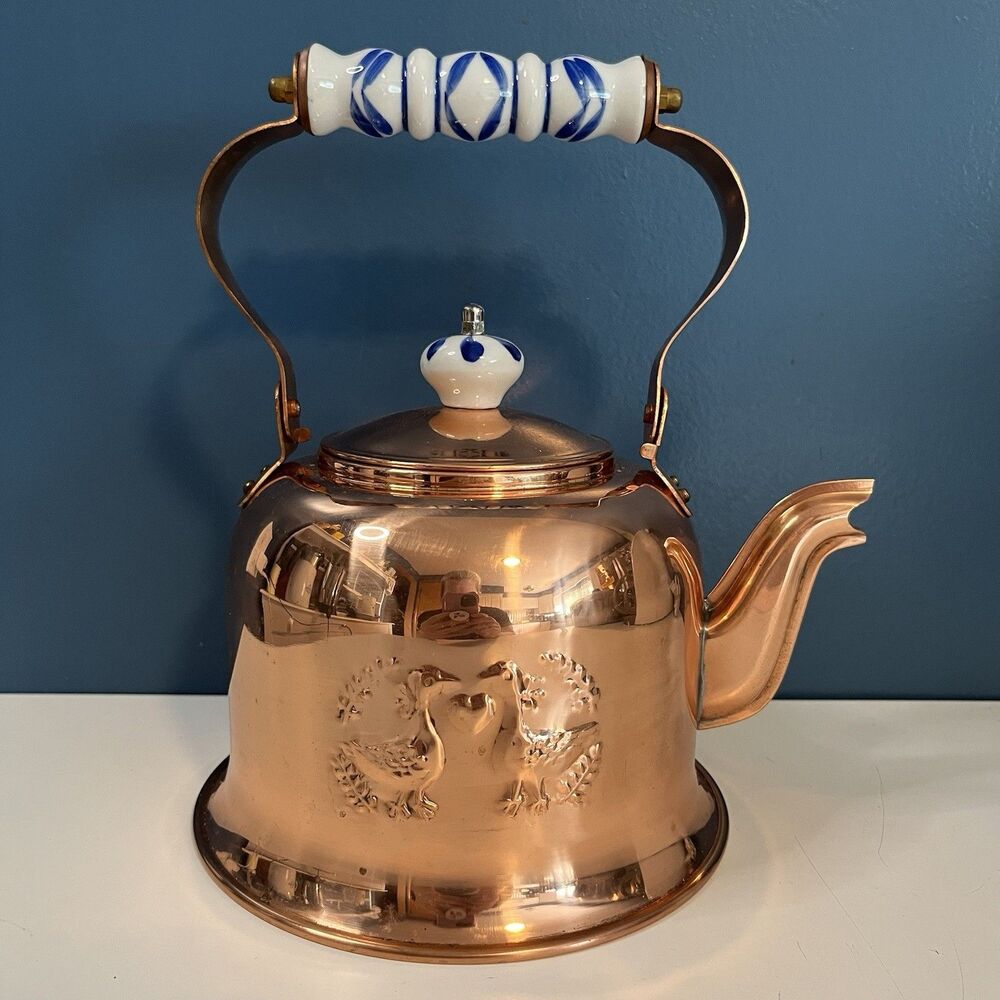 Vintage Copper Kettle Embossed Goose Design Blue & White Handle Cottage Core